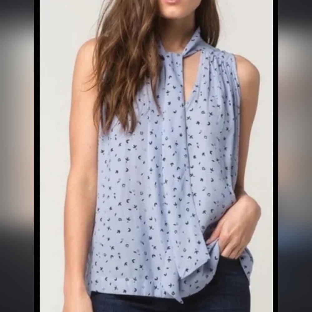Free People Blue Abstract Floral Print Tie Front Blouse Size Medium